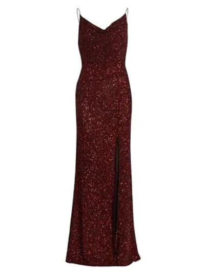 Alice And Olivia Diana Embellished Cowl-neck High-slit Gown In Bordeaux