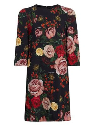 Dolce & Gabbana 3/4-sleeve Baroque Roses Shift Dress In Rose Print