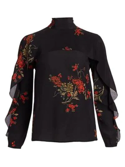 Red Valentino Ruffled Floral-print Pussy-bow Crepe Blouse In Black