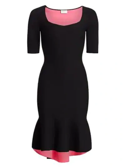Milly Sweetheart Elbow-sleeve High-low Contrast Dress In Black Flourescent Pink