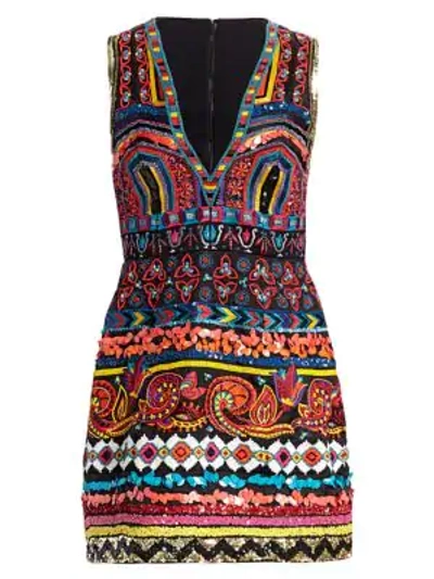 Alice And Olivia Patty Embroidered V-neck Lantern Dress In Multi