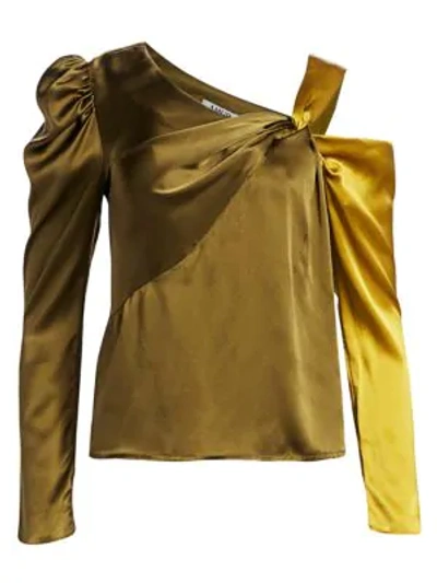Amur Mabel Twisted Cold-shoulder Silk Top In Ochre Moss
