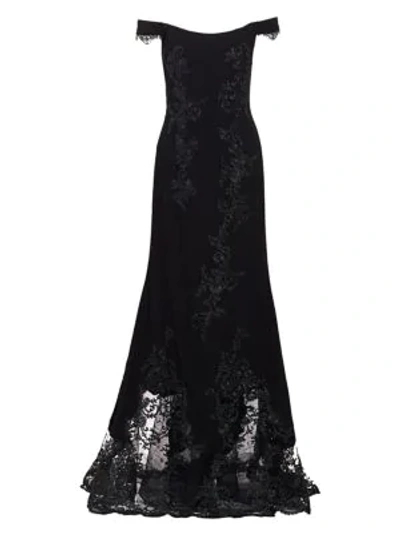 Rene Ruiz Collection Lace Crepe Off-the-shoulder Mermaid Gown In Black