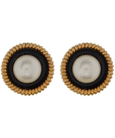 Designer Vintage 1970s Chanel Gilt Faux Black Lacquer And Pearl Clip-on Earrings In Gold