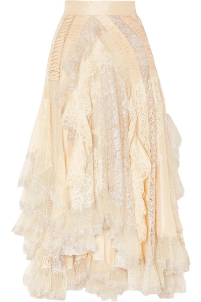 Zimmermann Sabotage Asymmetric Ruffled Metallic Lace, Tulle And Crepe Skirt In Ivory