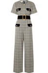 GUCCI Belted velvet-trimmed Prince of Wales checked wool jumpsuit