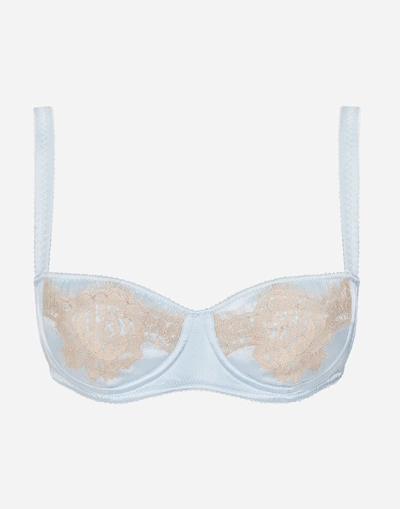 Dolce & Gabbana Semi-padded Satin Balconette Bra With Lace In Blue