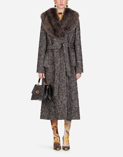 Dolce & Gabbana Houndstooth Coat With Fur Collar In Grey