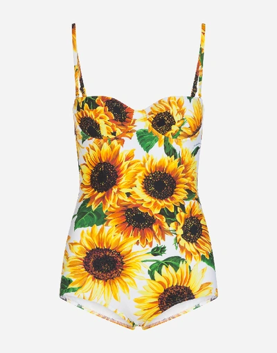 Dolce & Gabbana Sunflower-print Balconette One-piece Swimsuit In Yellow