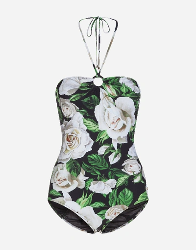 Dolce & Gabbana White Rose Print One-piece Swimsuit In Green