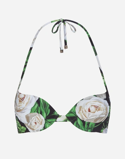 Dolce & Gabbana Push Up Swimming Bra With White Rose Print In Multi