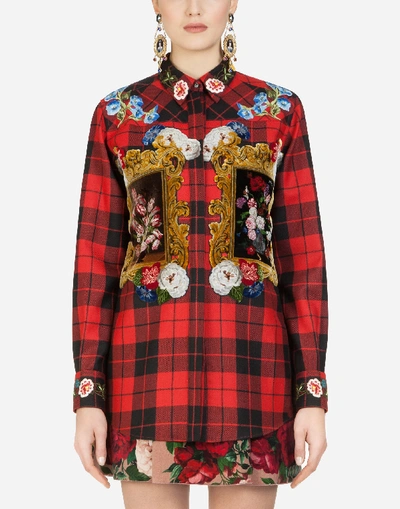 Dolce & Gabbana Oversize Tartan Shirt With Embroidery In Multi