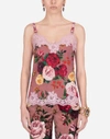 DOLCE & GABBANA CREPE DE CHINE LINGERIE TOP WITH BAROQUE ROSE PRINT WITH LACE