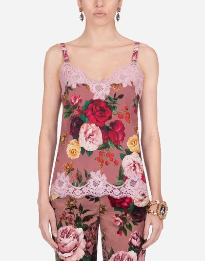 Dolce & Gabbana Crepe De Chine Lingerie Top With Baroque Rose Print With Lace In Multi-colored