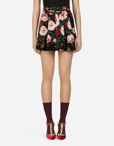 Dolce & Gabbana High-waisted Velvet Shorts With Baroque Rose Print In Multi-colored