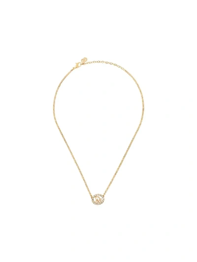 Dior Christian   Oval Rhinestone Pendant Necklace - Gold