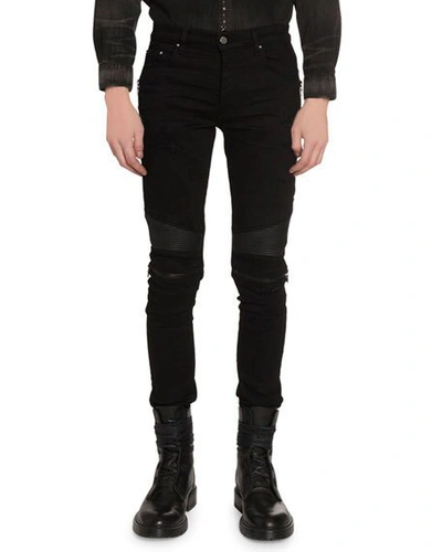 Amiri Mx2 Skinny-fit Leather-panelled Distressed Stretch-denim Jeans In Black