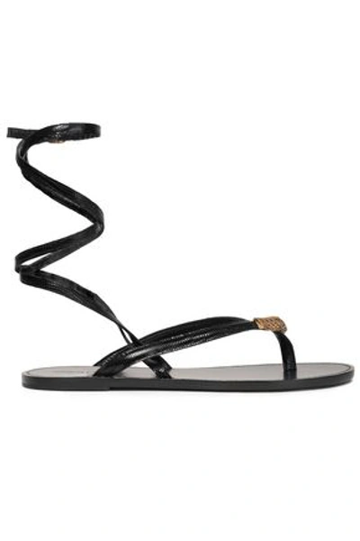 Roberto Cavalli Woman Embellished Lizard-effect Leather Sandals Black