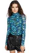 Ganni Floral-print Stretch-mesh Turtleneck Top In Blue,green,light Blue