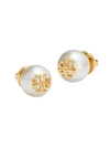 Tory Burch Women's Crystal-pearl Yellow Goldtone Logo Stud Earrings In Ivory/gold