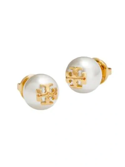 Tory Burch Women's Crystal-pearl Yellow Goldtone Logo Stud Earrings In White