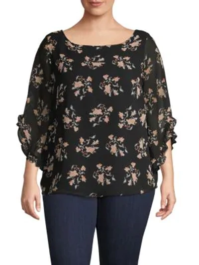 Calvin Klein Collection Plus Floral Ruffle-sleeve Top In Black