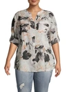 CALVIN KLEIN COLLECTION PLUS ROLLED-SLEEVE FLORAL BLOUSE,0400011345850