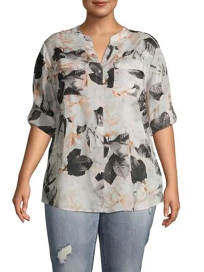 Calvin Klein Collection Plus Rolled-sleeve Floral Blouse In Tin Multi