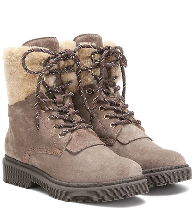 Moncler Patty Shearling-trimmed Suede Ankle Boots In Beige