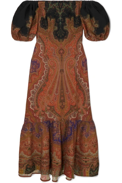 Etro Off-the-shoulder Printed Wool And Silk-blend Maxi Dress In Brick