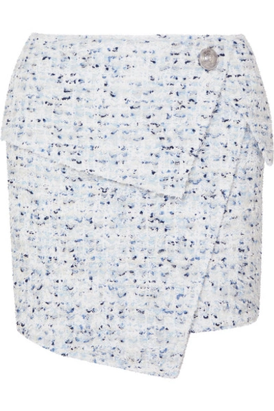Balmain Wrap-effect Button-embellished Metallic Tweed Mini Skirt In Blue