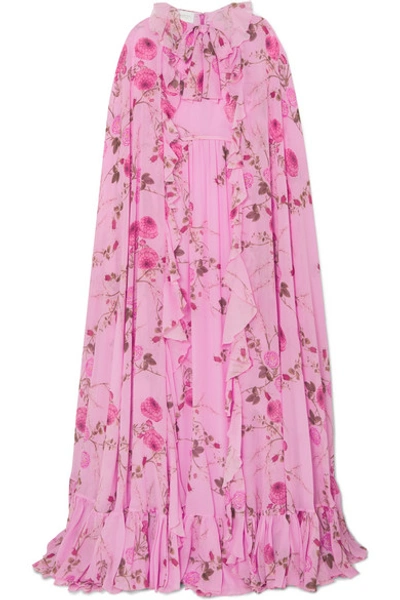 GIAMBATTISTA VALLI CAPE-EFFECT RUFFLED FLORAL-PRINT SILK-GEORGETTE GOWN 