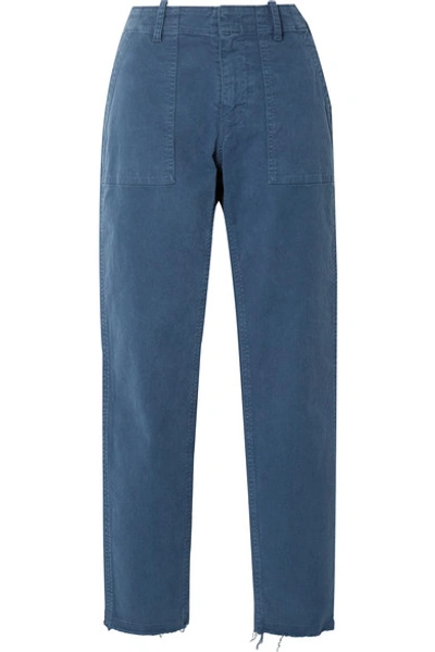 Nili Lotan Jenna Cropped Frayed Stretch-cotton Twill Straight-leg Trousers In Blue