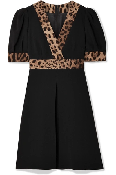 Dolce & Gabbana Wrap-effect Leopard Print-trimmed Crepe Mini Dress In Nero