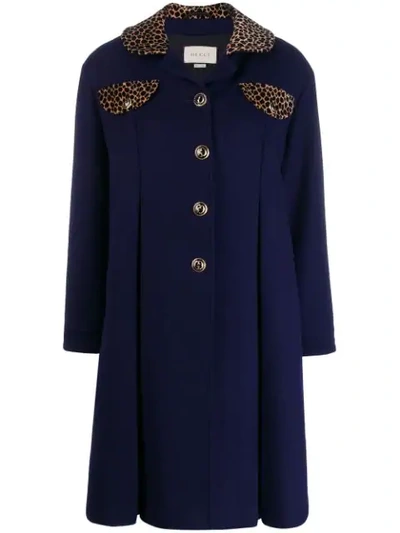 Gucci Leopard-print Trim Single-breasted Wool Coat In Blue