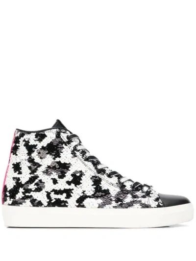 Leather Crown Sequin Hi-top Trainers In Black