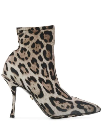 Dolce & Gabbana 90mm Leopard Stretch Jersey Ankle Boots In Beige,black