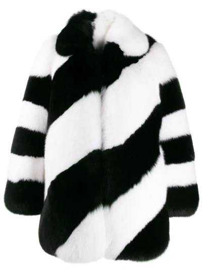Saint Laurent Fur Diagonal Striped Coat In Black