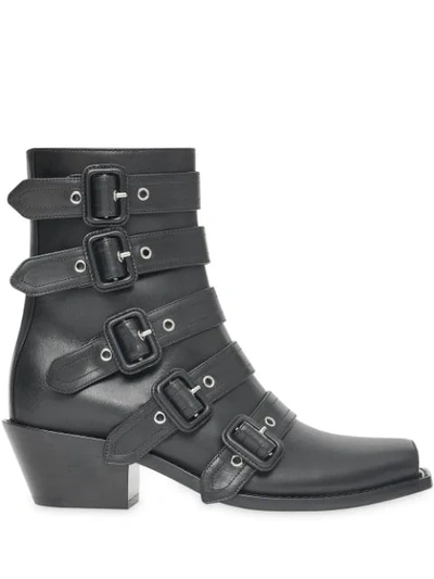 Burberry Women's Buckled Leather Peep-toe Ankle Boots In Black