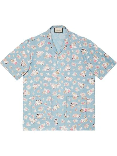 Gucci Oversize Printed Chambray Bowling Shirt In 3397 Acqua/
