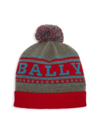 Bally Men's Wool Logo Beanie Hat W/ Pompom In Red Multi