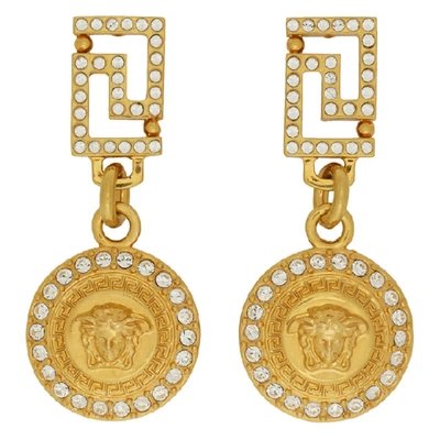 Versace Tribute Pendant Earrings W/ Crystals In Kcot Gold