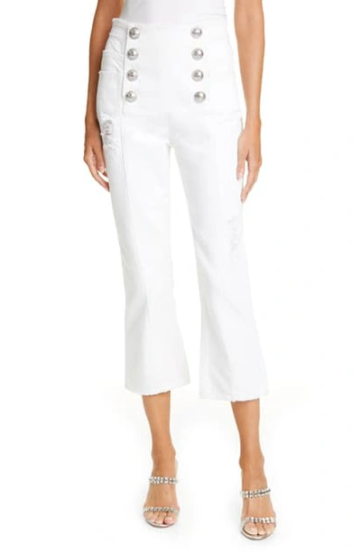 Balmain Button Front Crop Flare Jeans In Blanc Optique