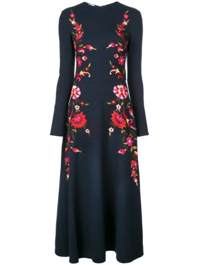 Oscar De La Renta Geofloral Embroidered Crepe Midi Dress In Navy