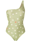 ADRIANA DEGREAS ONE SHOULDER POLKA DOT SWIMSUIT