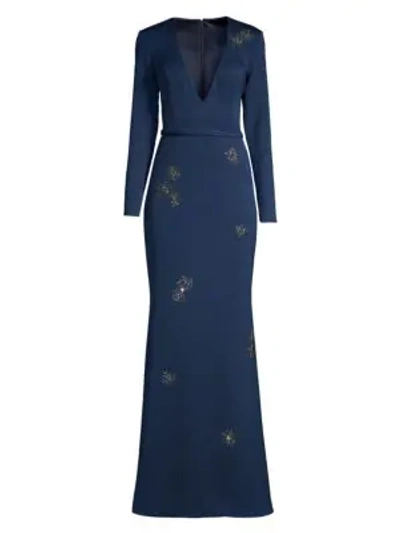 Basix Black Label Embellished V-neck Crepe Gown In Navy