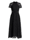 ml Monique Lhuillier Lace Short-sleeve A-line Midi Dress In Jet