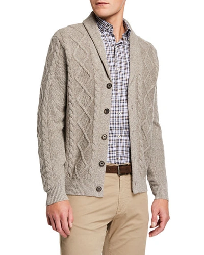 Neiman Marcus Men's Melange Cable-knit Cardigan Sweater In Brown/white