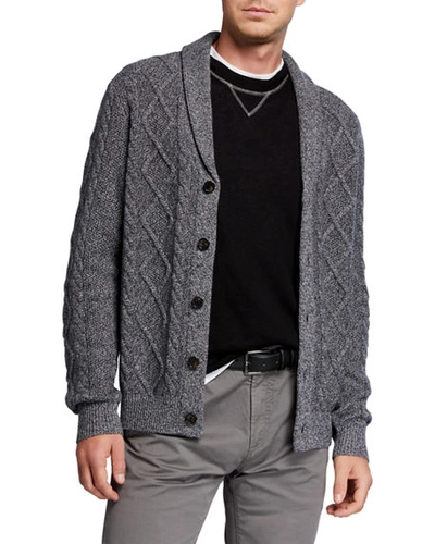 Neiman Marcus Men's Melange Cable-knit Cardigan Sweater In Black/white