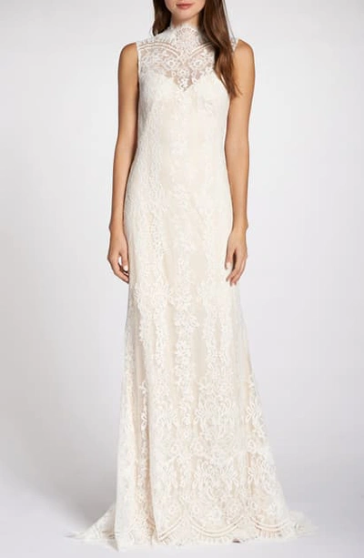 Tadashi Shoji Illusion Back Lace Wedding Dress In Ivory/ Petal | ModeSens